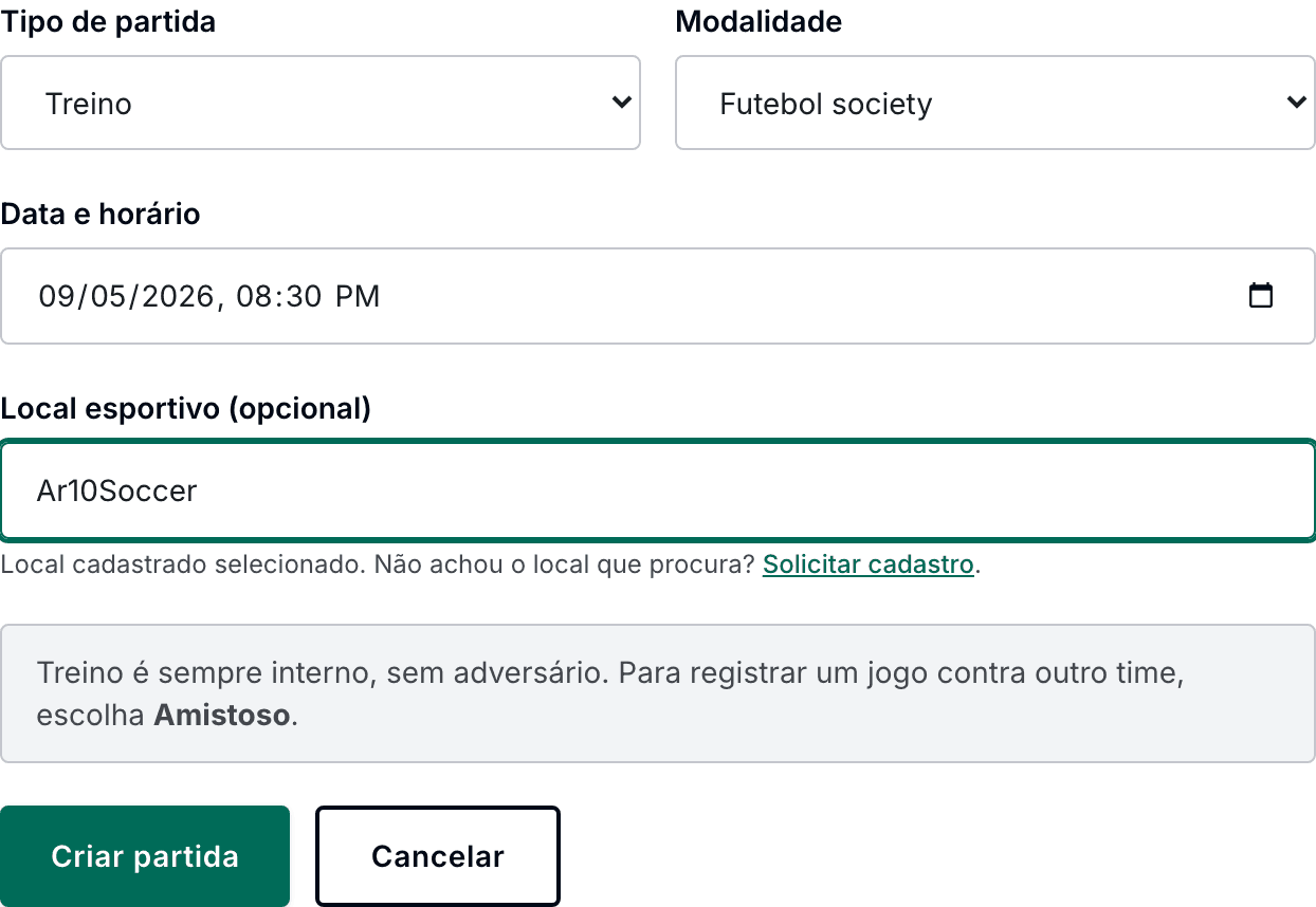 Formulário de partida com o tipo Treino selecionado e o aviso de que treino é sempre interno, sem adversário.