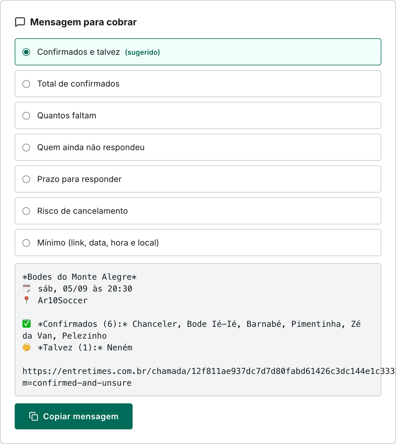 Card do painel com modelos de mensagem e a prévia do texto pronto para colar no grupo.
