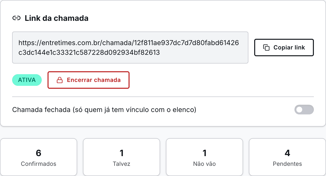 Painel do organizador mostrando o link da chamada e as contagens de confirmados, talvez, não vão e pendentes.