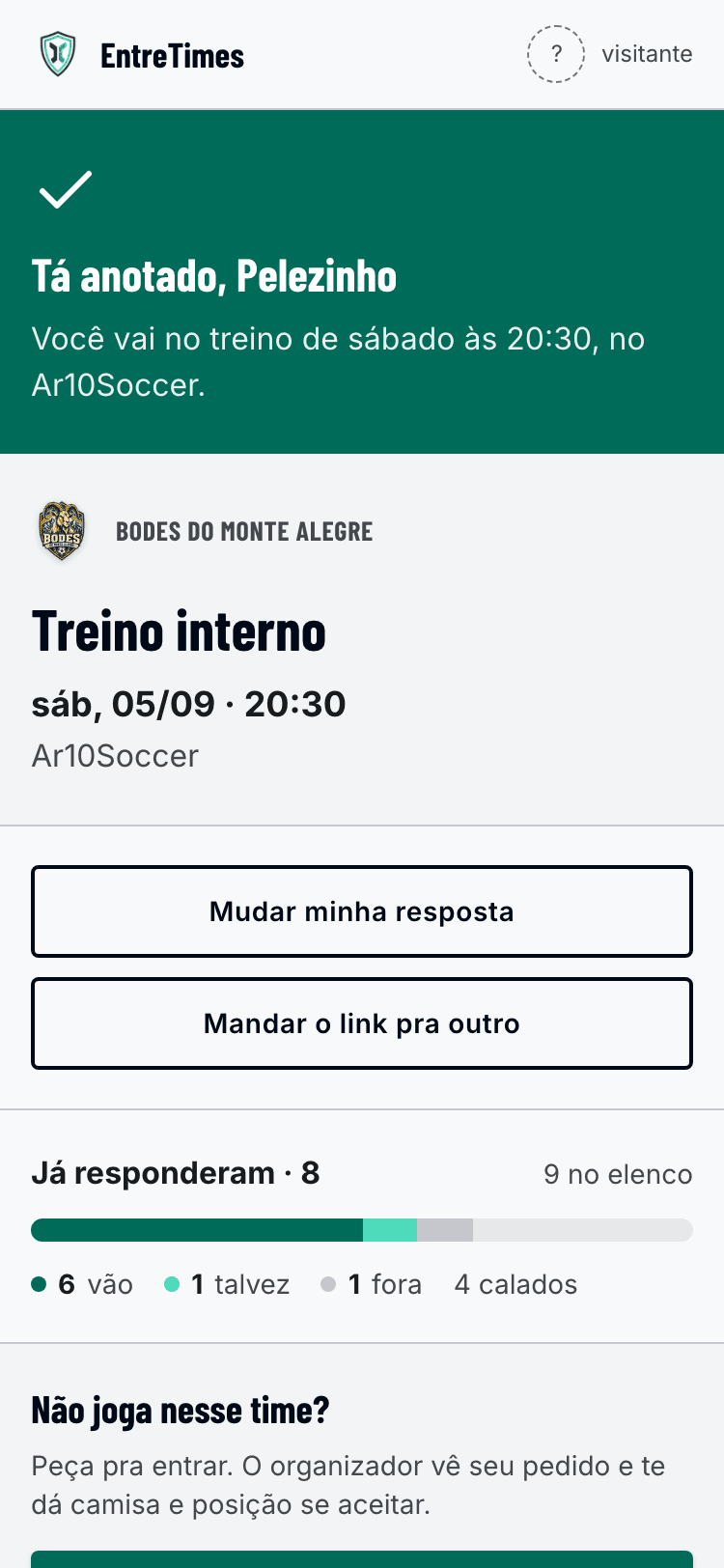 Tela de confirmação no celular, com o aviso de presença anotada e a contagem de quem já respondeu.